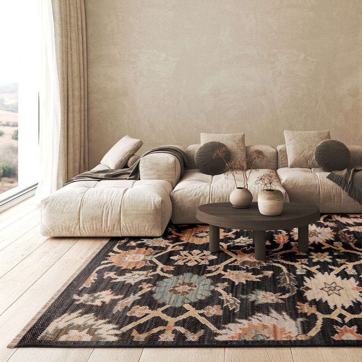 Dywan Wełniany Royal Wool 200x285 cm z frędzlami kwiaty czarny