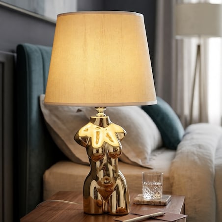 Lampa stołowa Glam Woman, kolor złoty, ceramika, żelazo i tkanina, 25 x 25 x 39,5 cm, 1 x E27, max. 40 W, motyw: postać kobieca, Mauro Ferretti