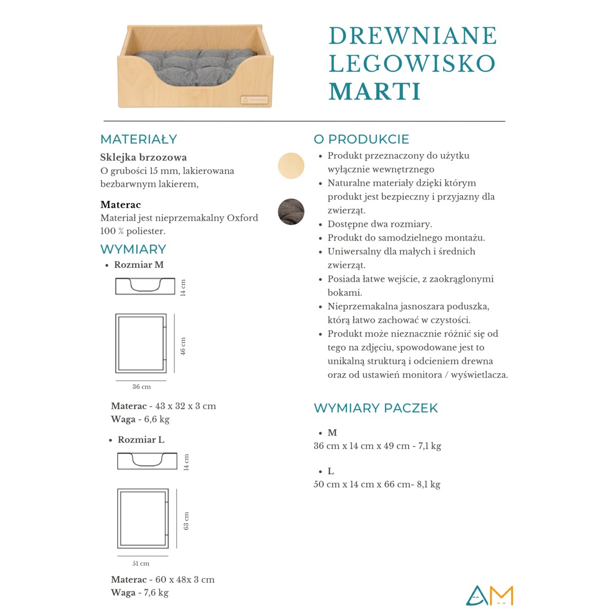 Animood Drewniane Legowisko Marti rozmiar: M, kolor: naturalny