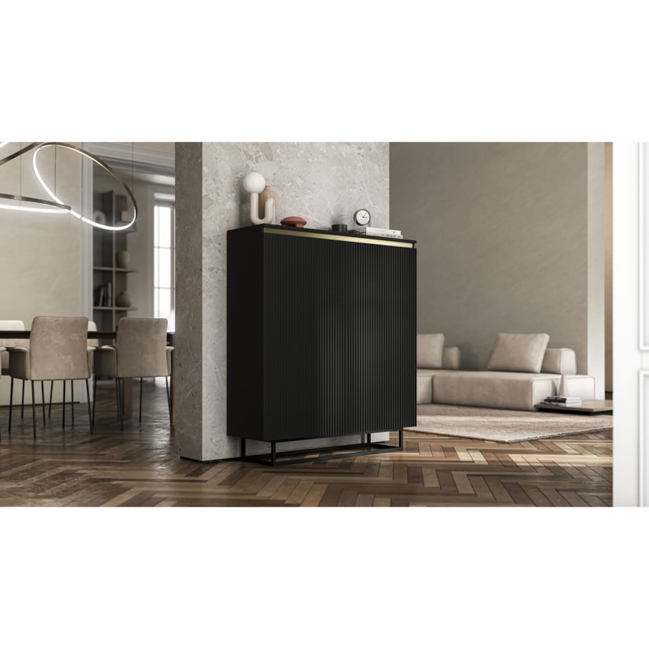 Komoda Glamour Szafka RTV Czarny MAT ryflowane fronty czarny stelaż 110,8 cm