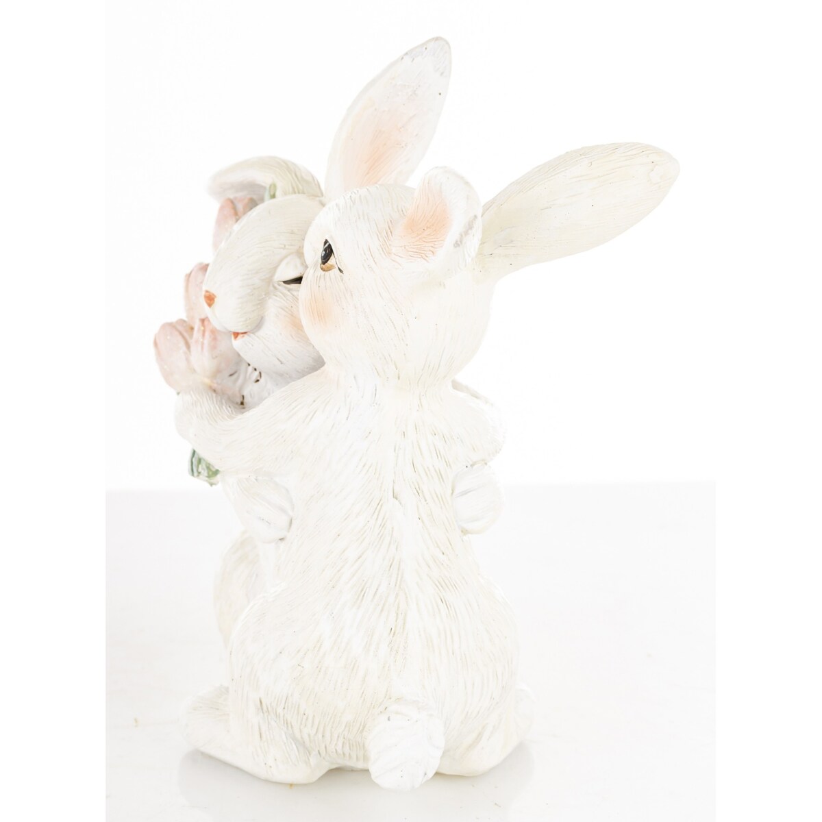 Dekoracja - para króliczków 11x11x6 cm z różowymi tulipanami