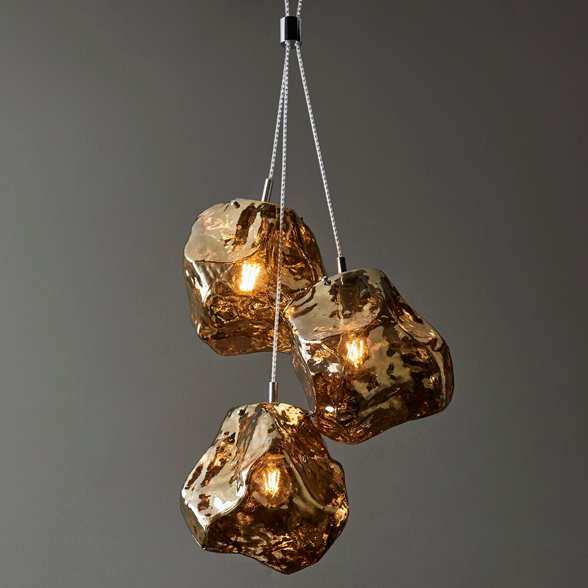 Szklana lampa wisząca Rock 97660 Endon potrójna kamienie brązowe chrom