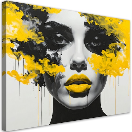 Obraz do salonu sypialni biura, Portret kobiety z elementami żóltego koloru 90x60 cm