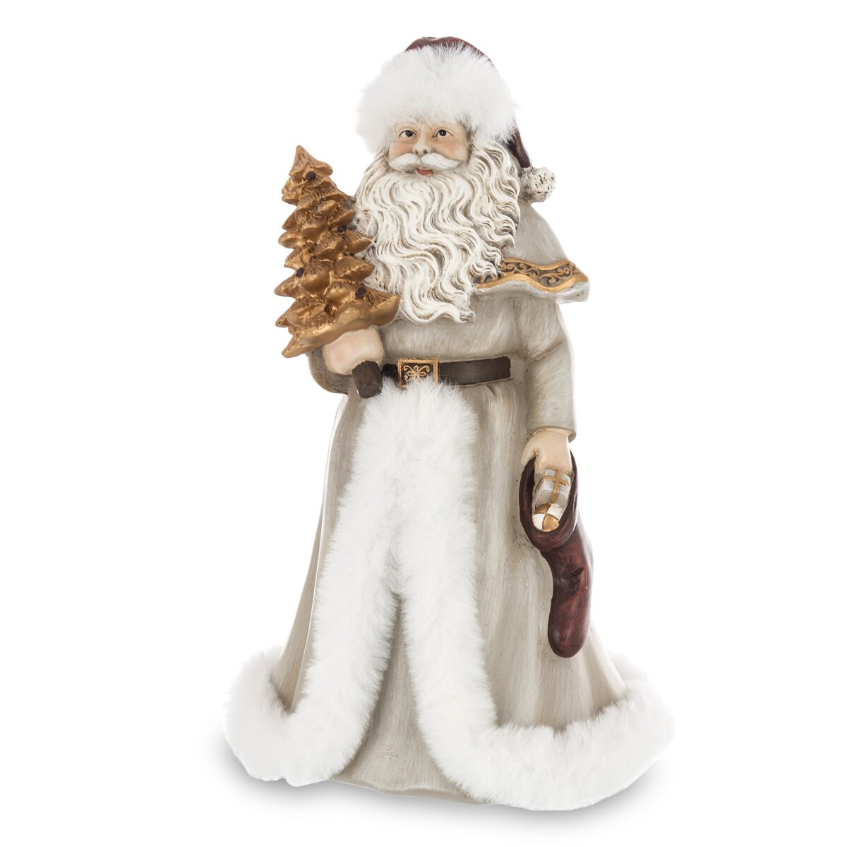 Mikołaj w płaszczu obszytym białym futrem ze złotą choinką i skarpetą z prezentami 22x14x14 cm