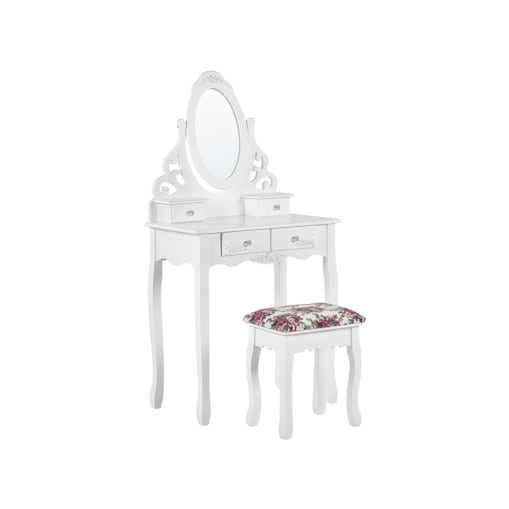 Toaletka 4 szuflady owalne lustro i stołek biała AMOUR