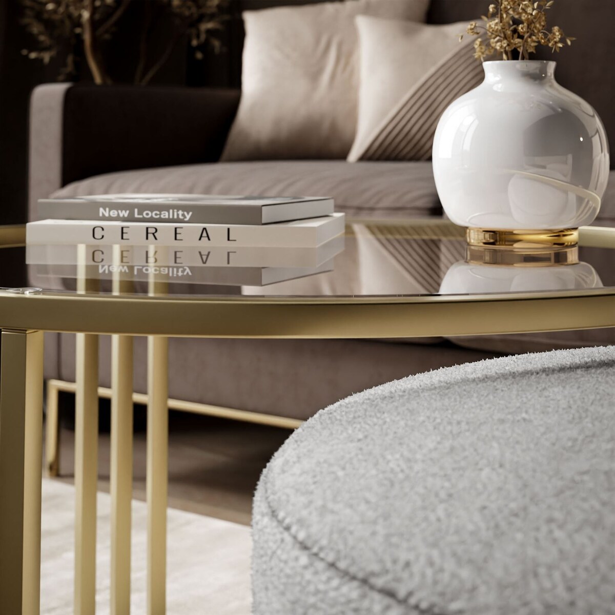 Stolik kawowy z pufą LORI GLASS złoto szczotkowane, przezroczyste szkło / Perfect Harmony 82