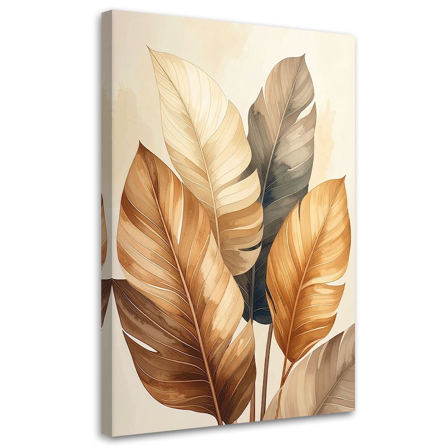 Obraz nowoczesny do salonu sypialni, Złociste liście tropikalne na jasnym tle 60x90cm