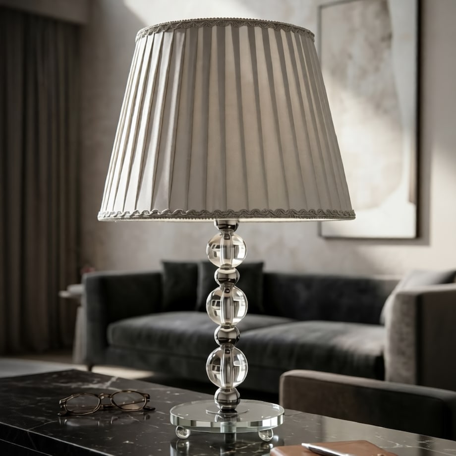 Lampa stołowa Tolly, kolor srebrny, metal, szkło i tkanina, 30 x 30 x 48 cm, 1 x E27, do salonu i sypialni, Mauro Ferretti