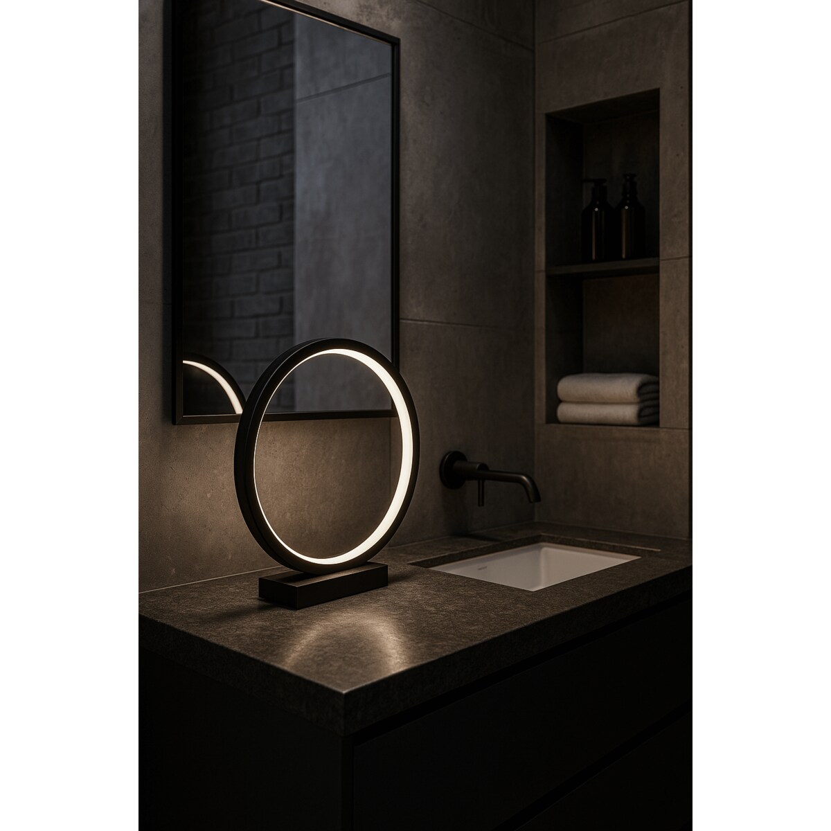 LAMPA STOŁOWA RAVELLA M OBRĘCZ CZARNA PODSTAWA CZARNY MARMUR