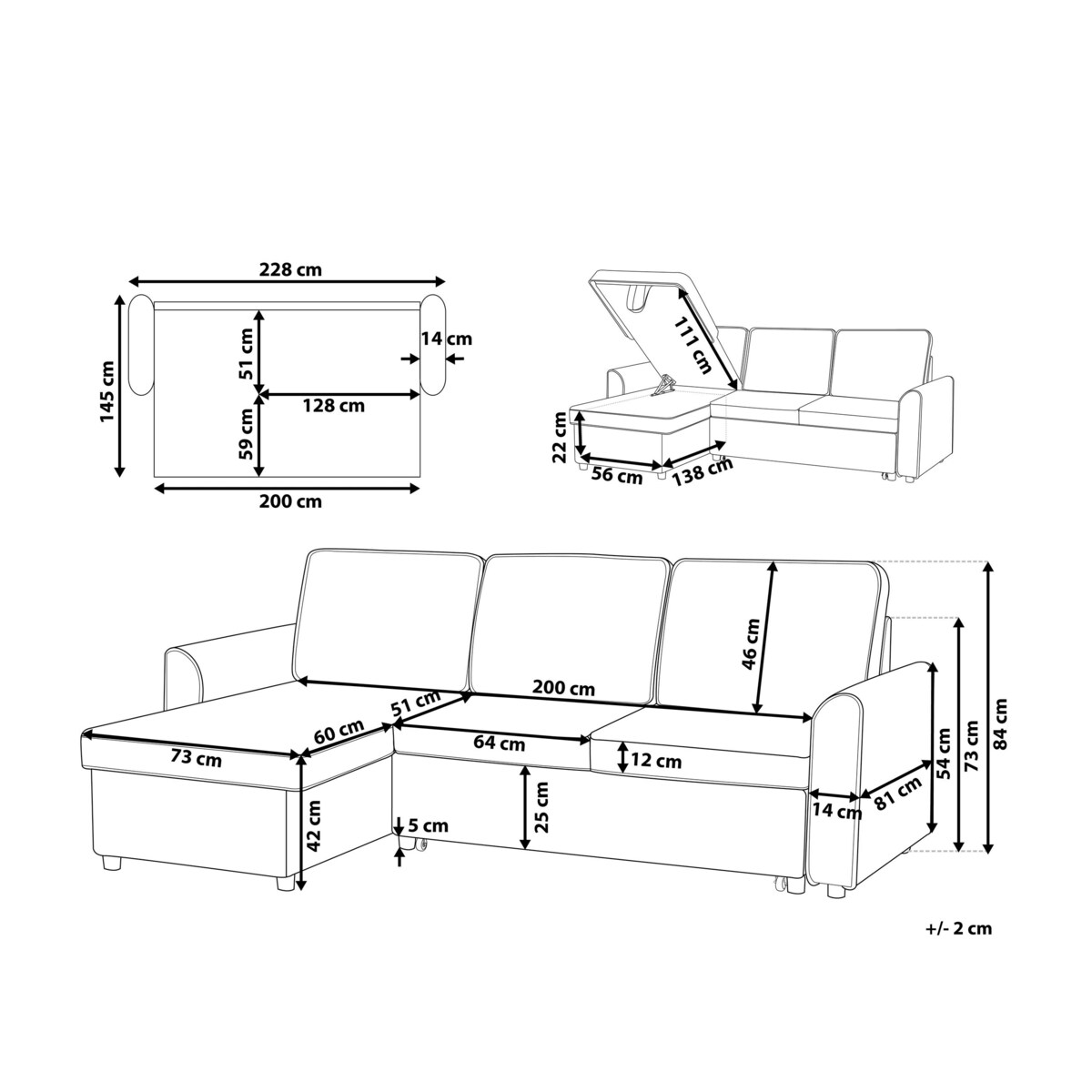 Narożnik rozkładany prawostronny czarny NESNA
