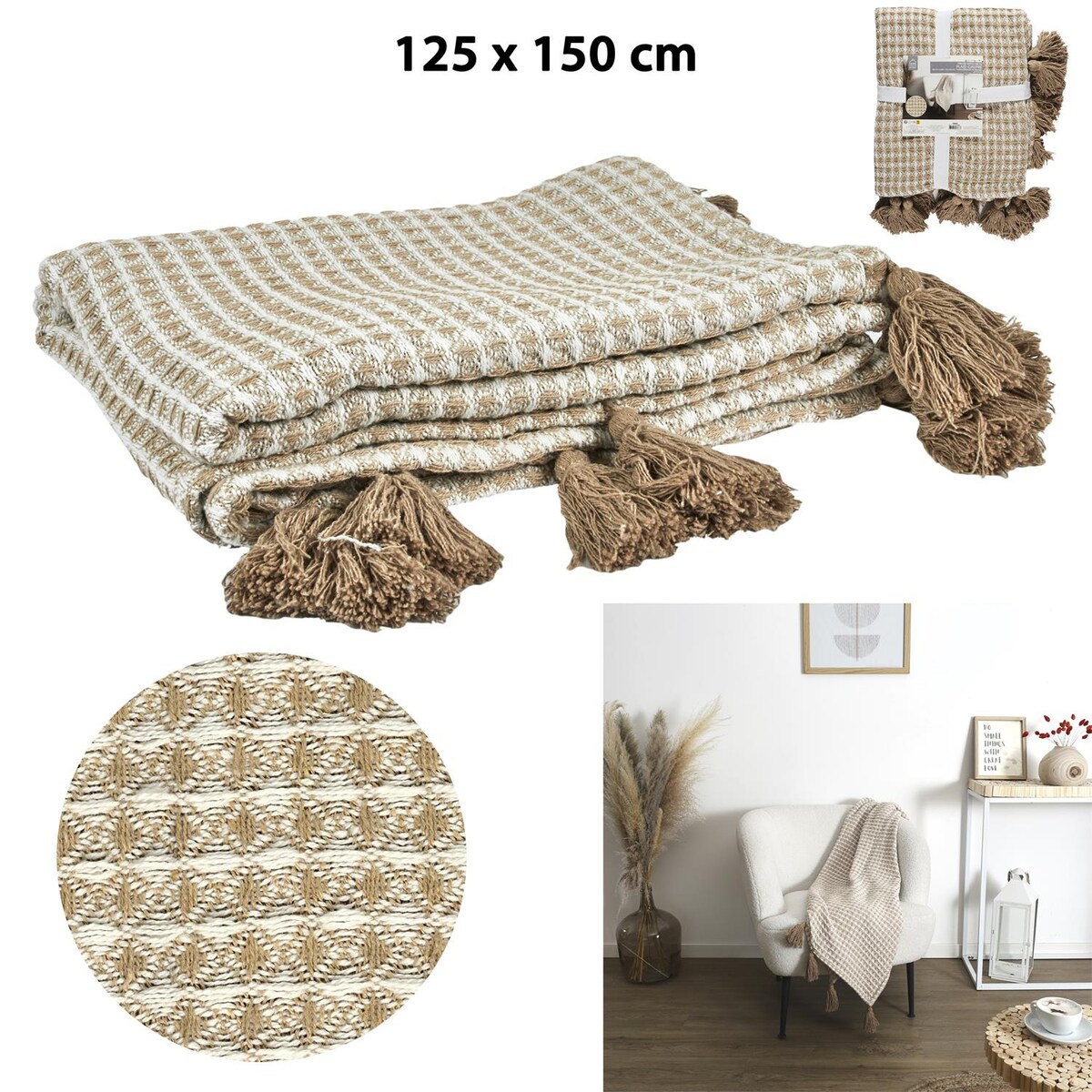Pled Honeycomb beżowy miękki koc na kanapę lub łóżko do salonu 120x150 cm