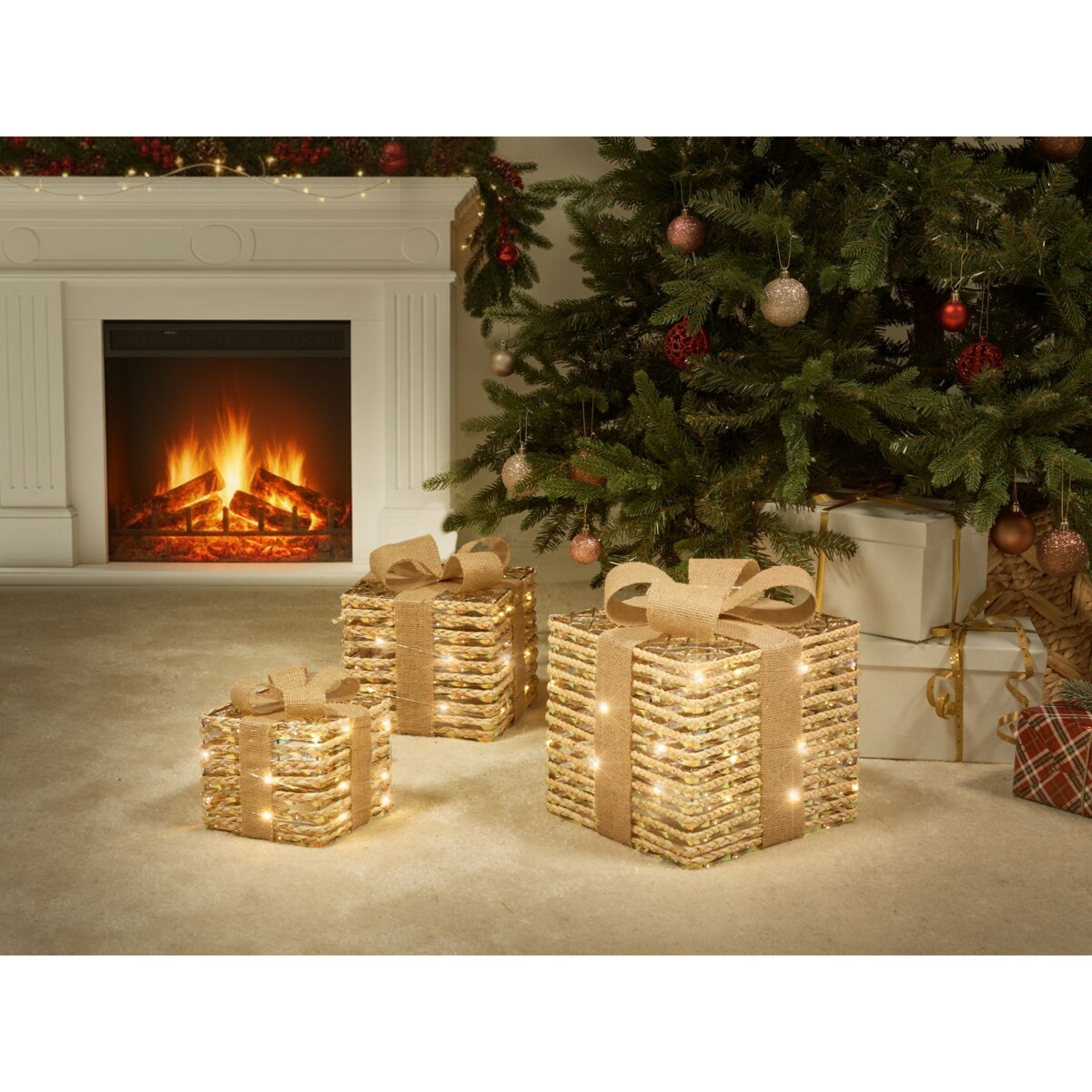 Zestaw 3 dekoracji świątecznych LED MOSSO Prezenty świąteczne 20/25/30 cm Beżowy
