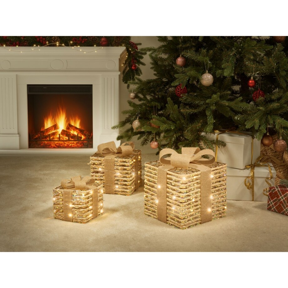 Zestaw 3 dekoracji świątecznych LED MOSSO Prezenty świąteczne 20/25/30 cm Beżowy