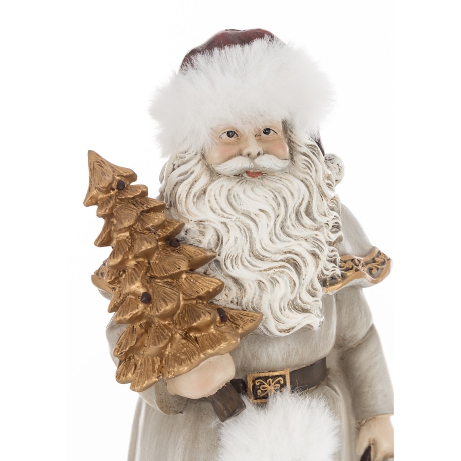 Mikołaj w płaszczu obszytym białym futrem ze złotą choinką i skarpetą z prezentami 22x14x14 cm