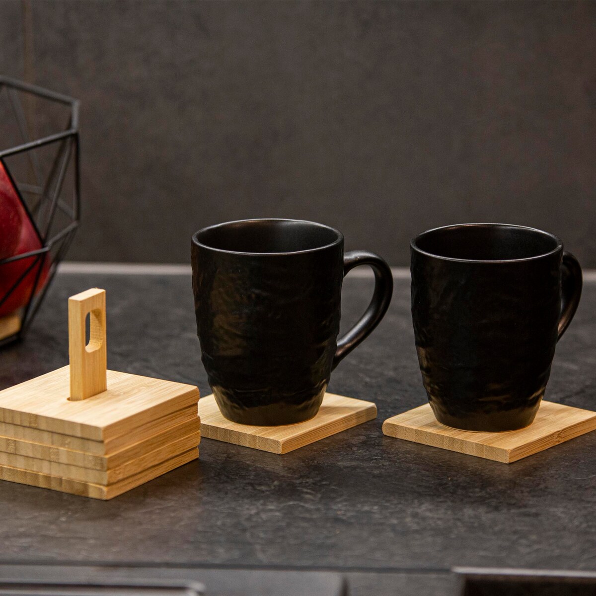 Podkładki pod kubek na stojaku, 6 sztuk, 10 x 10 cm, bambus