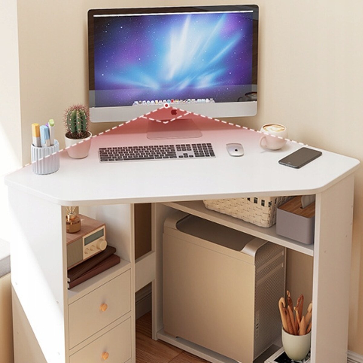 Biurko narożne trójkątne komputerowe z półkami nowoczesne białe loft 80x75