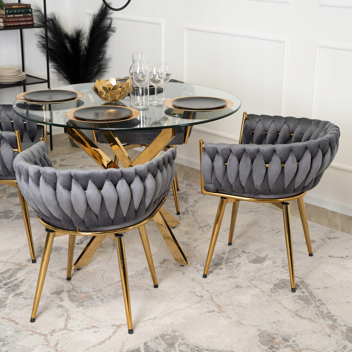 Krzesło Obrotowe Plecione Tapicerowane Welurowe Do Jadalni Szare RUBI