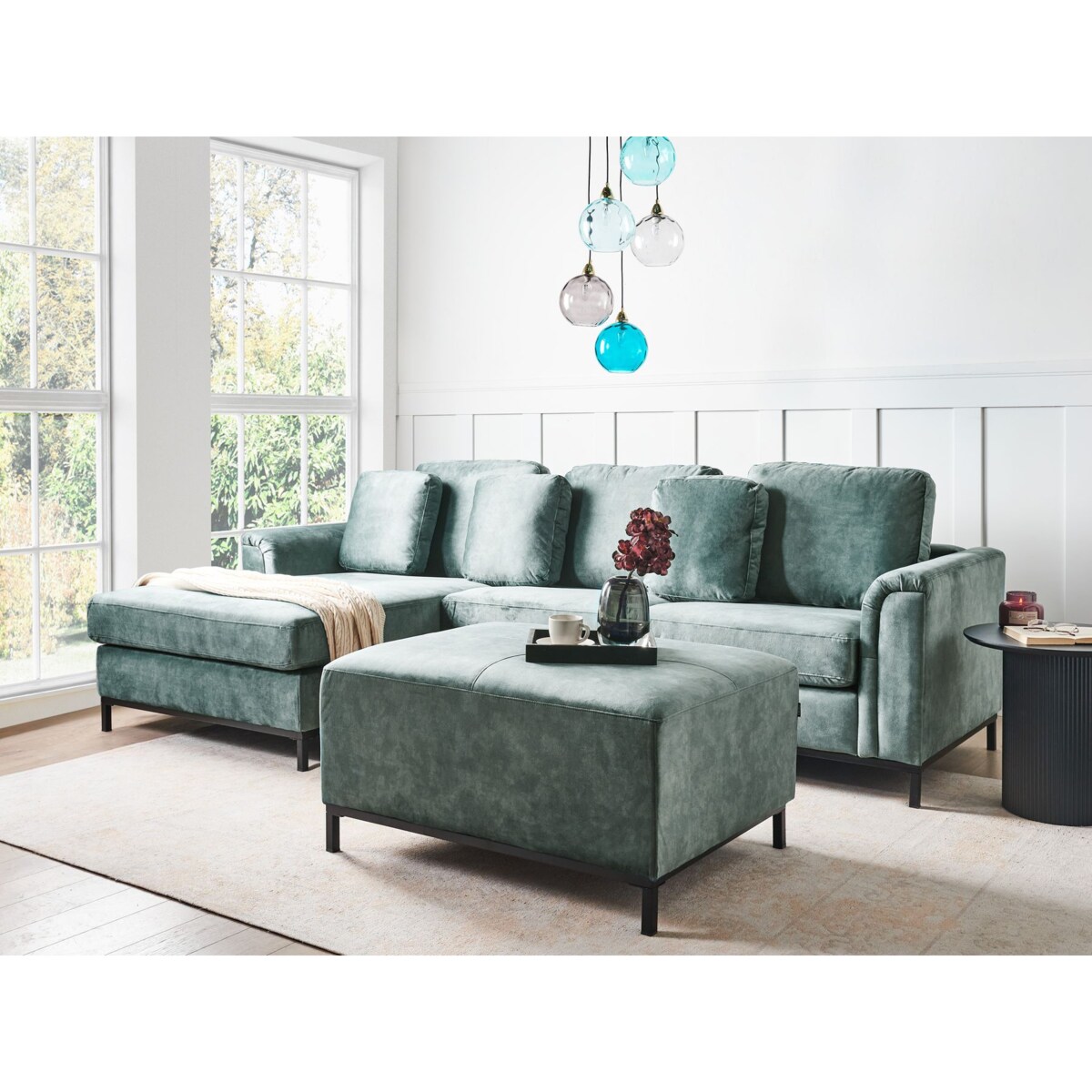 Narożnik z otomaną welurowy prawostronny lazurowy OSLO