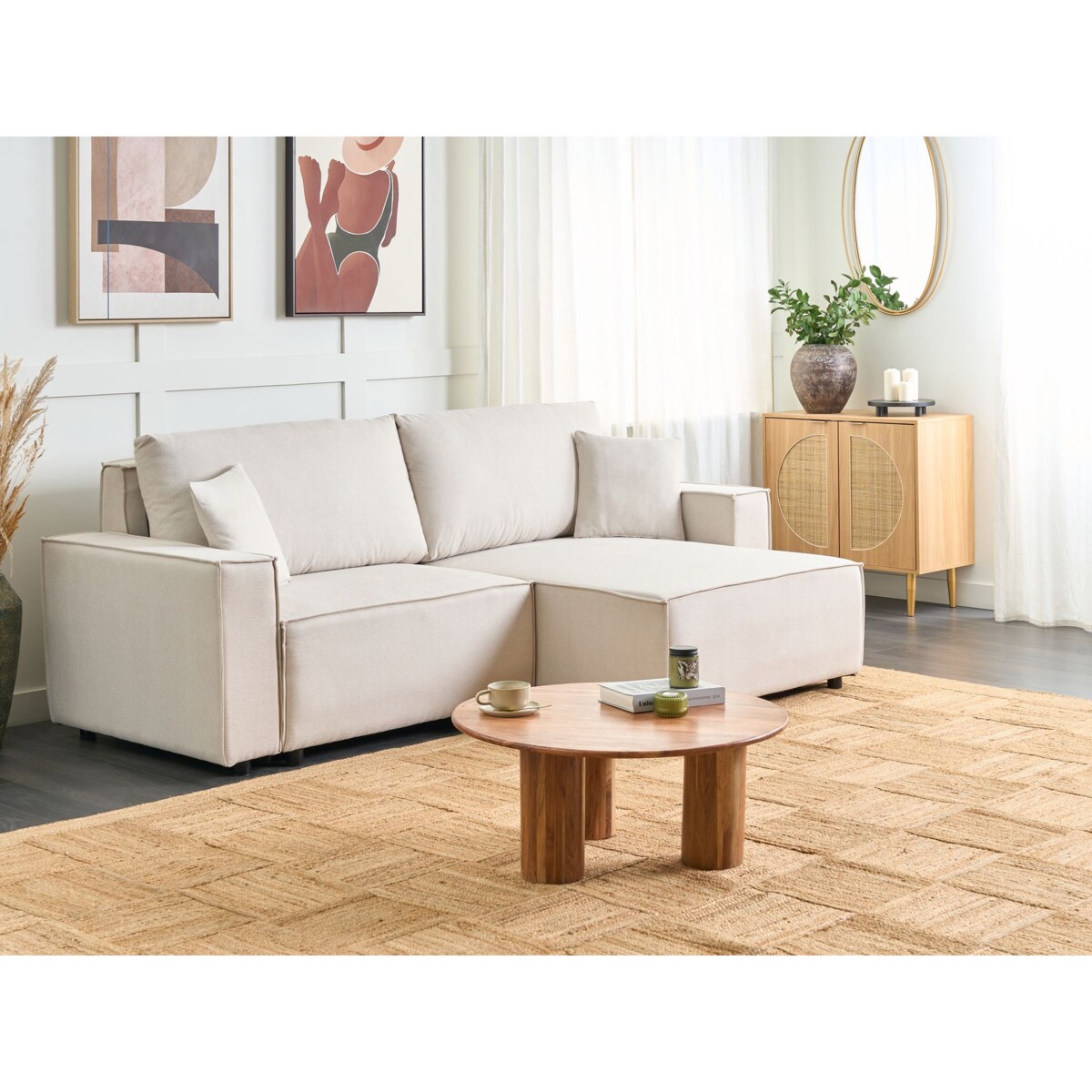 Sofa rozkładana KARILA Jasnobeżowy ze schowkiem dla 3 osób Lewostronny