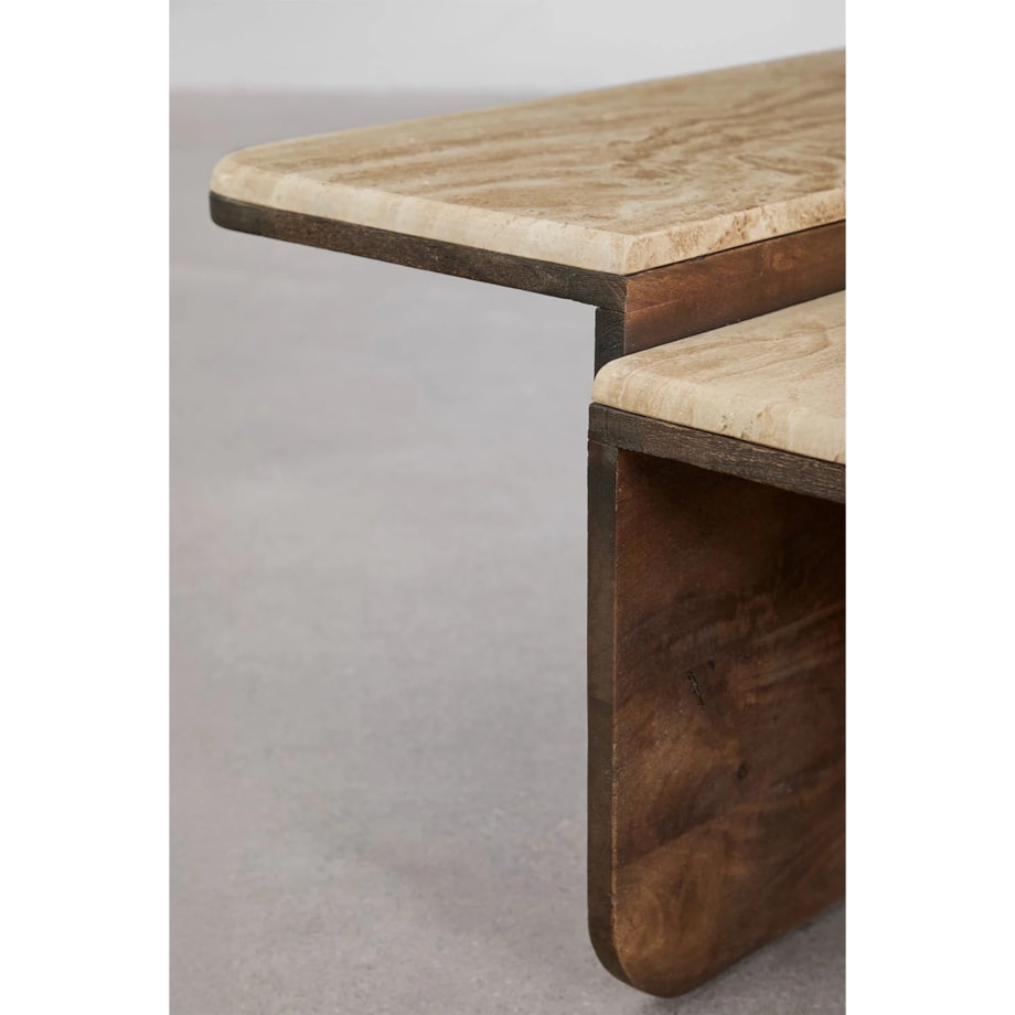 Stolik kawowy 90x90 cm z naturalnego trawertynu i drewna mango Clotsh