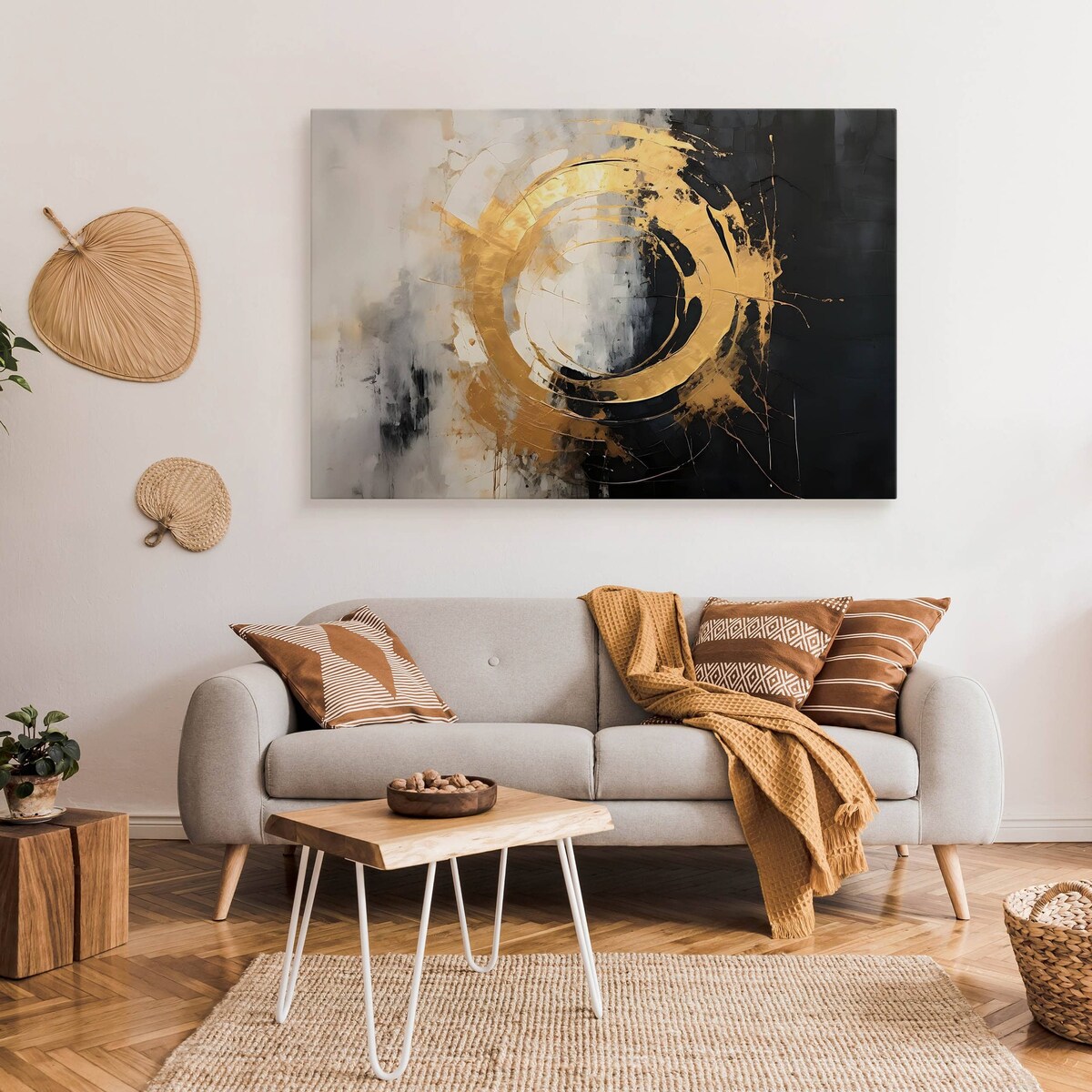 Obraz Do Salonu Sypialni Abstrakcja Okrąg Elementy Złota Beton 120x80cm