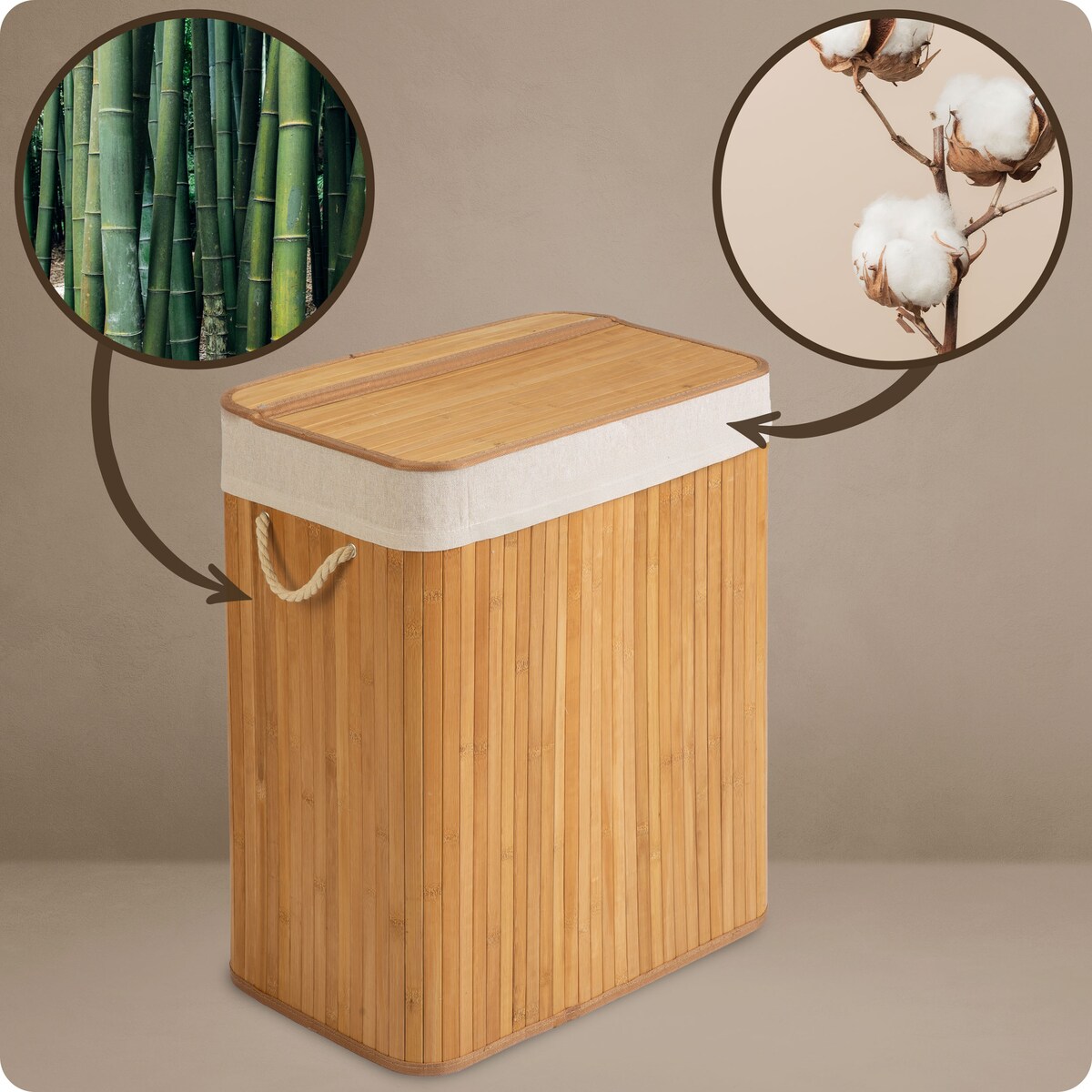 Massido, bambusowy kosz na pranie z pokrywą dwukomorowy 100l, naturalny beżowy 61x54x34 cm