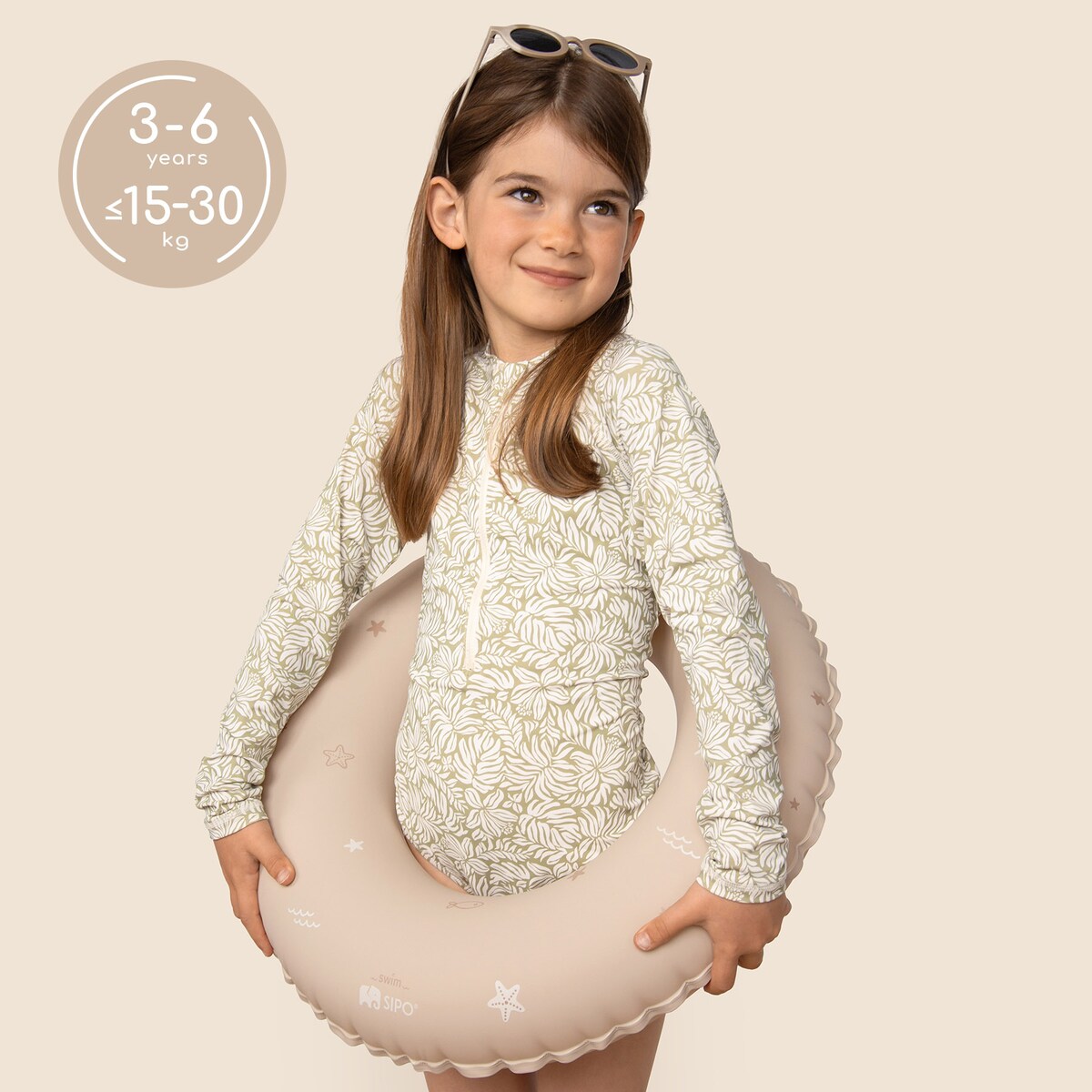 Sipo, Dmuchane Koło Do Pływania Dla Dzieci, Średnica 50 Cm, 3-6 Lat, 15-30 Kg, Beżowe