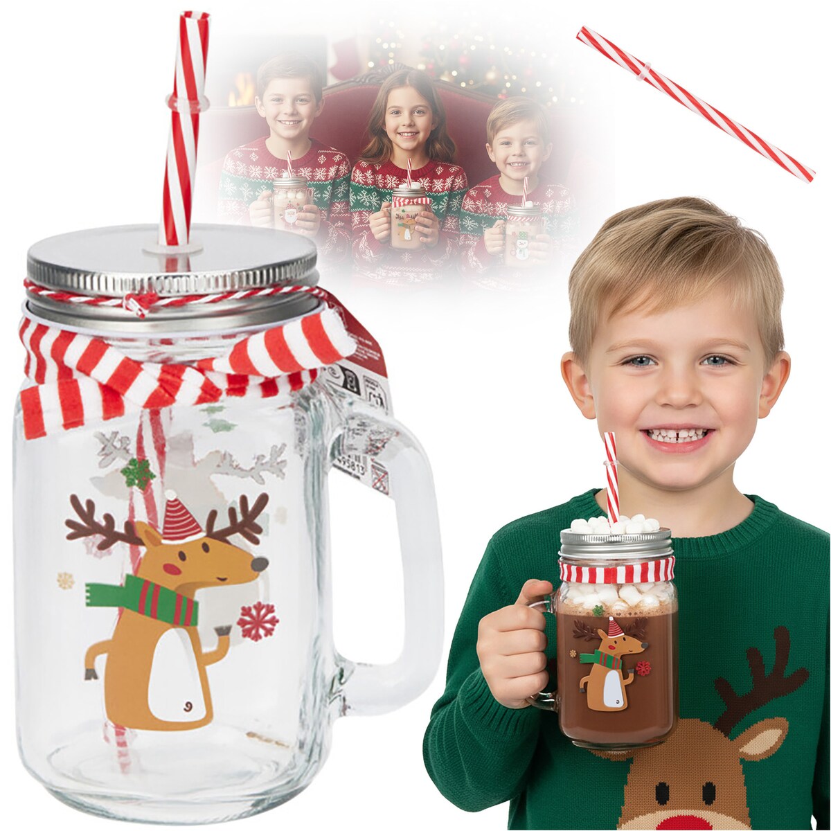 Szklanka Świąteczna Kubek Na Napoje Ze Słomką Dla Dzieci Słoik 450 Ml
