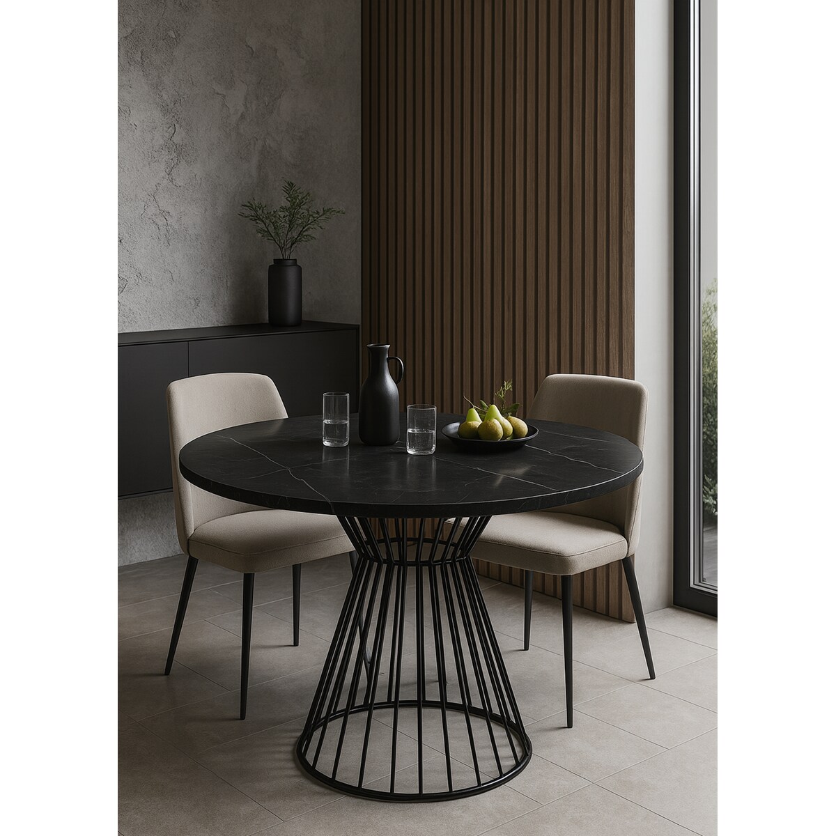 Okrągły stół Reo do salonu z metalową podstawą, blat 90 cm- ciemny marmur