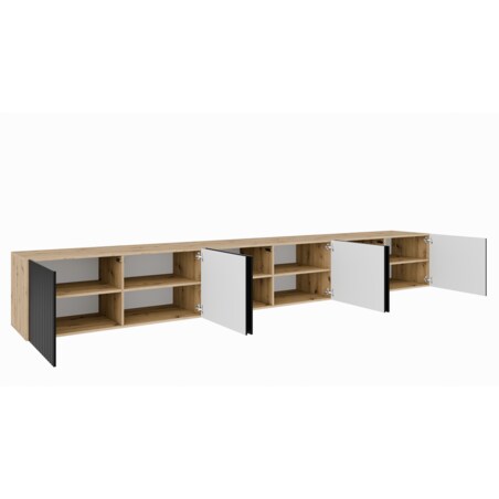 Szafka RTV NOELI 300 cm zamknięta do salonu, ryflowana- artisan+czarny