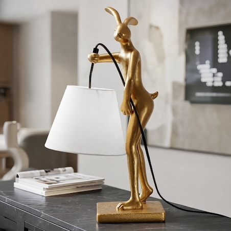 Lampa stołowa Rabbit Stand, kolor złoty i biały, żywica syntetyczna, żelazo i tkanina, 26 x 16 x 47 cm, max. 40 W, motyw: królik, Mauro Ferretti