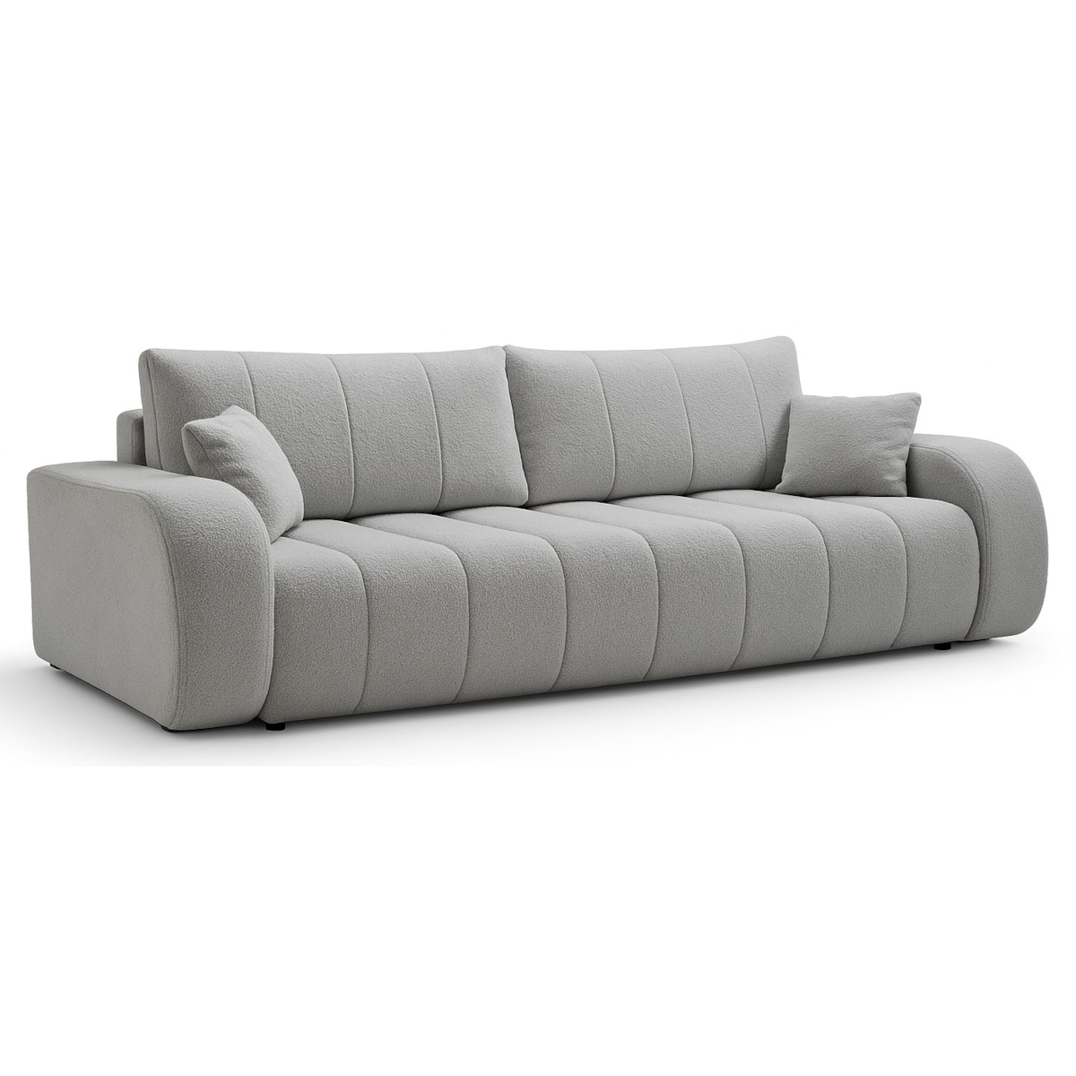 Sofa rozkładana ALOO obita tkaniną boucle z ozdobnymi poduszkami jasnoszara