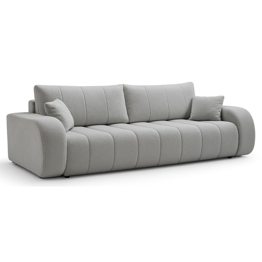 Sofa rozkładana ALOO obita tkaniną boucle z ozdobnymi poduszkami jasnoszara