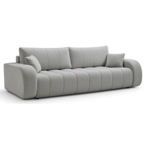 Sofa rozkładana ALOO obita tkaniną boucle z ozdobnymi poduszkami jasnoszara
