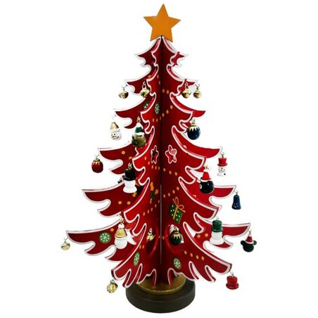 Drewniana choinka z zawieszkami czerwona, 25.8 x 31.2 x 3.5 cm, Timstor