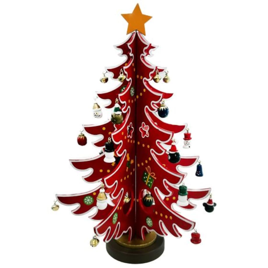 Drewniana choinka z zawieszkami czerwona, 25.8 x 31.2 x 3.5 cm, Timstor