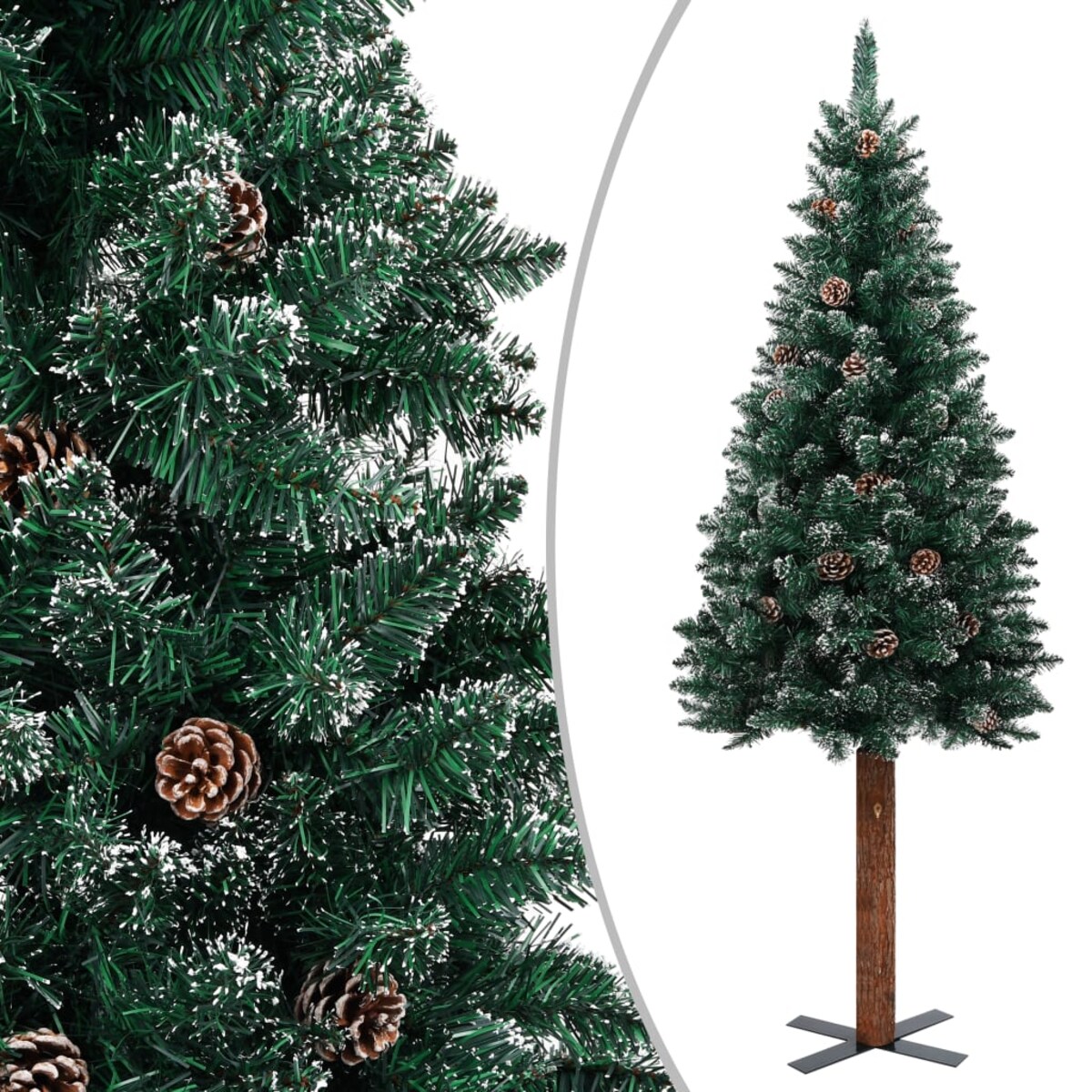 vidaXL Smukła choinka z drewnem i śniegiem, zielona, 150 cm