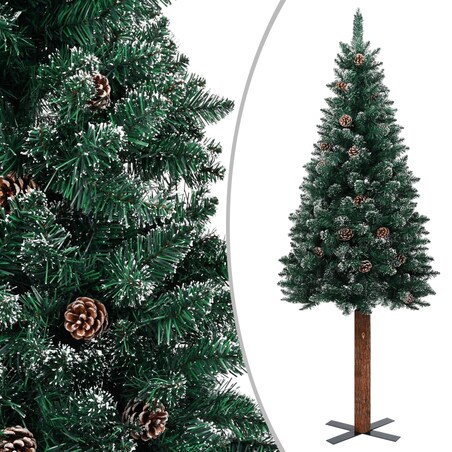 vidaXL Smukła choinka z drewnem i śniegiem, zielona, 150 cm