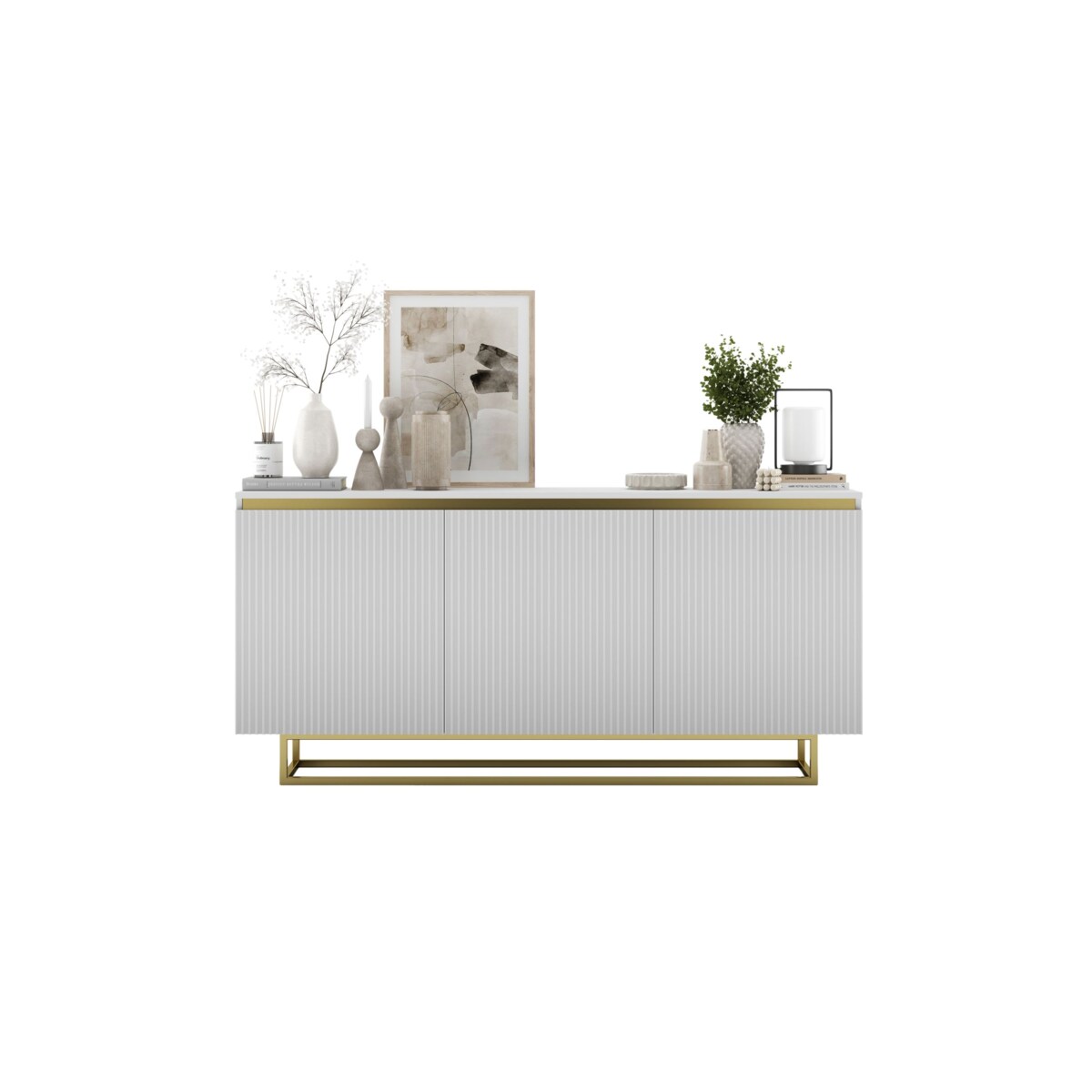 Komoda Glamour Szafka RTV Biały MAT ryflowane fronty złote akcenty 166,8 cm
