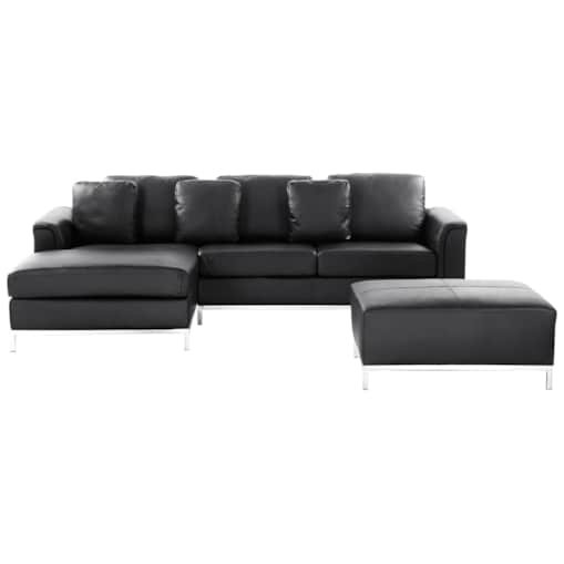Narożnik z otomaną skórzany prawostronny czarny OSLO