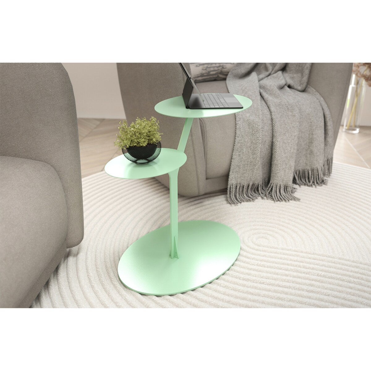 Stolik metalowy dwa blaty, kolor pudrowa zieleń