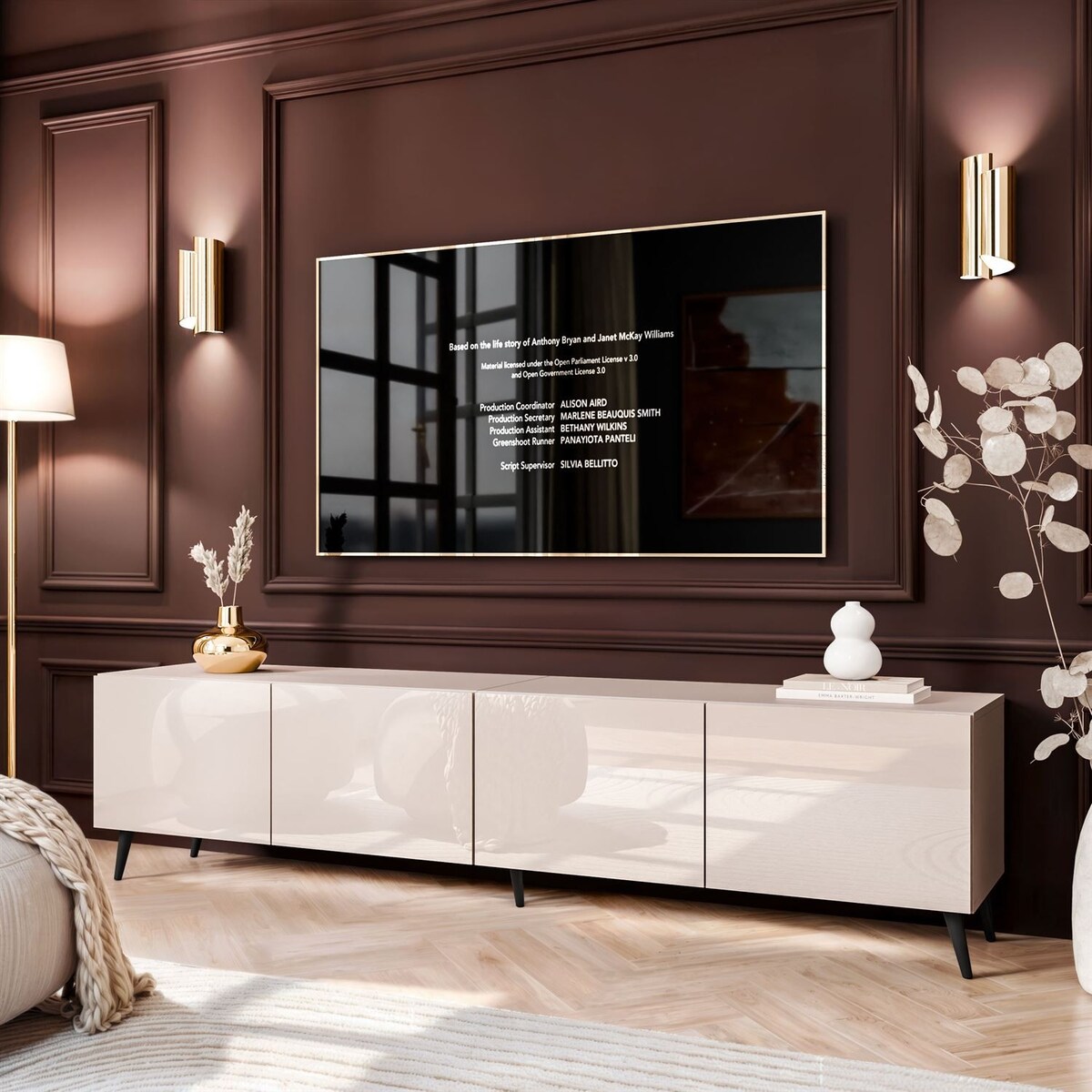 Szafka RTV COLGANTE 200 kaszmir wysoki połysk, oświetlenie LED, nóżki skośne czarne