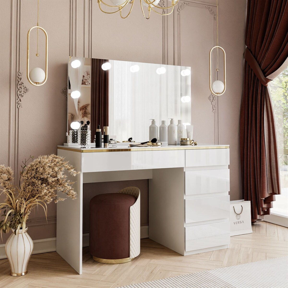 Toaletka AURORA II ELITE z lustrem i oświetleniem biały połysk