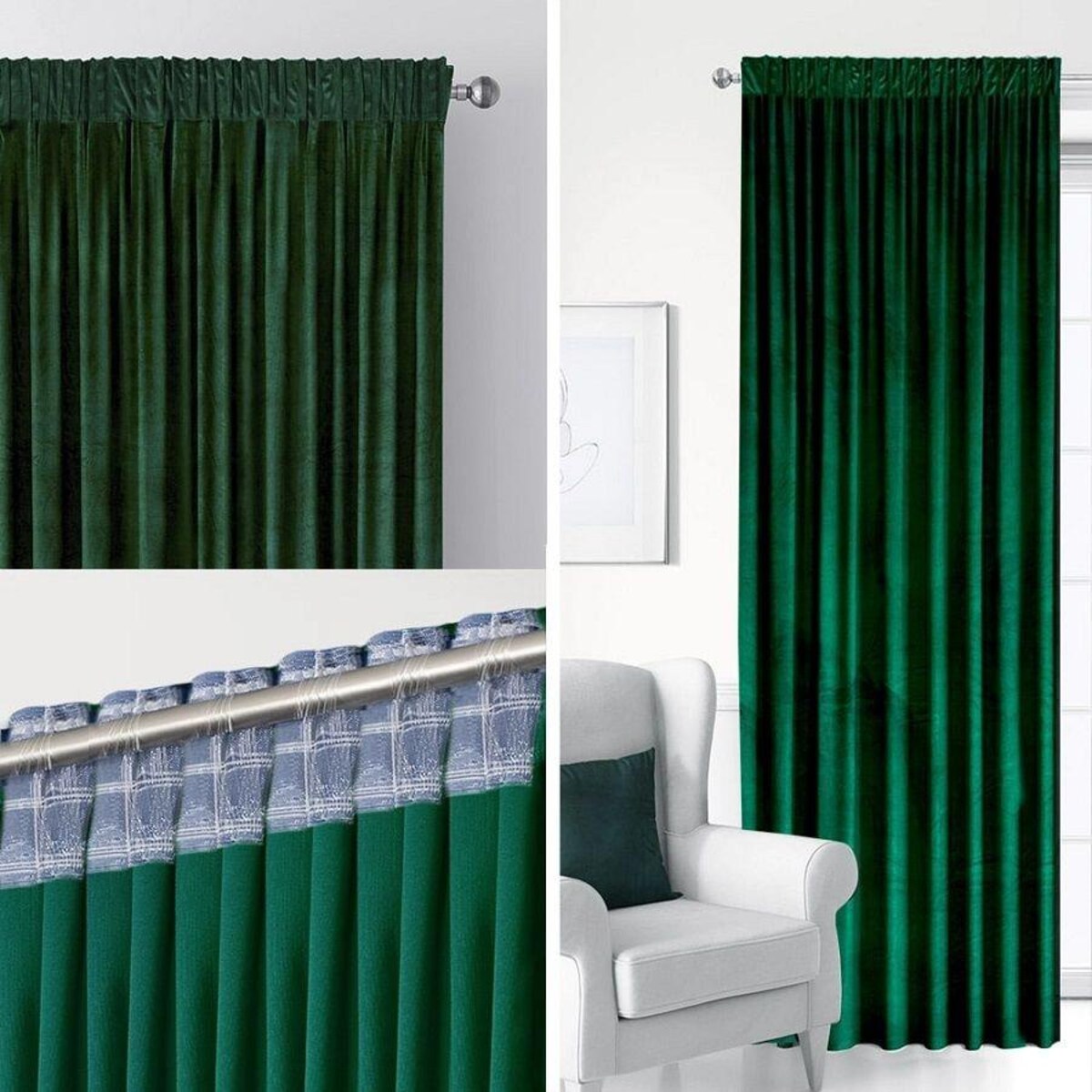 Zasłony welurowe 140x270 butelkowa zieleń na taśmie