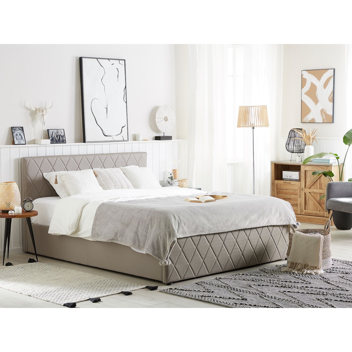 Łóżko z pojemnikiem ekoskóra 160 x 200 cm beżowoszare ROCHEFORT