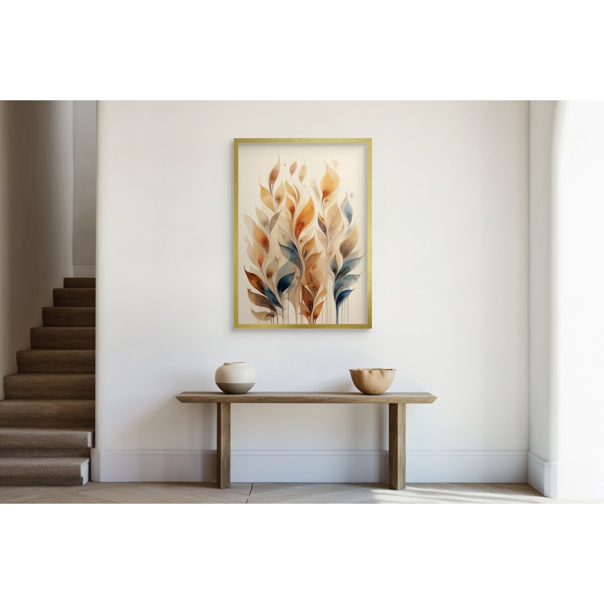 Plakat w złotej ramie do salonu sypialni Beżowy Obraz na ścianę Boho Liście