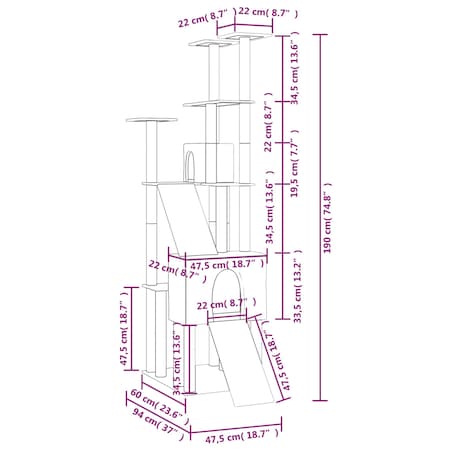 vidaXL Drapak dla kota, z sizalowymi słupkami, jasnoszary, 190 cm