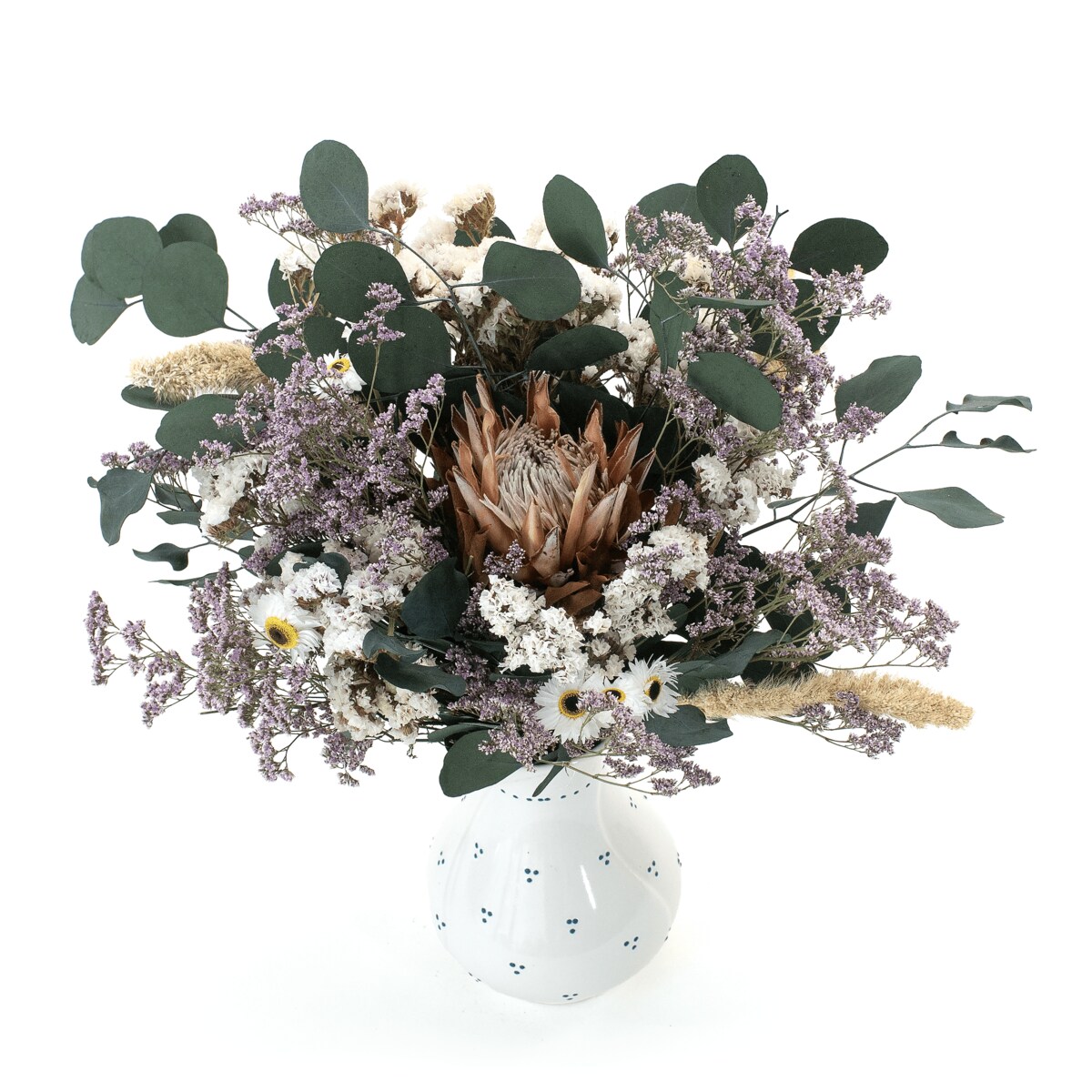 Bukiet suszonych kwiatów Perle premium - protea, zatrwian, eukaliptus