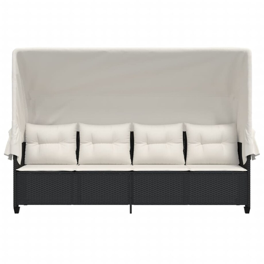 vidaXL Leżanka z zadaszeniem i poduszkami, czarna, polirattan