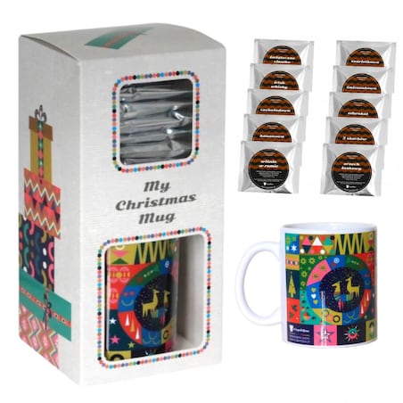 ŚWIĄTECZNY ZESTAW PREZENTOWY KAWY SMAKOWE MIELONE MIX 10 RÓŻNYCH SMAKÓW + KUBEK - PREZENT UPOMINEK NA MIKOŁAJA ŚWIĘTA GWIAZDKĘ BOŻE NARODZENIE POD CHOINKĘ DLA KOBIETY FACETA